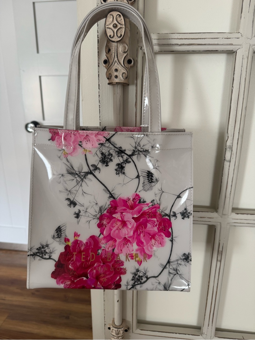 Ted Baker White Patent Tote with Pink Floral Print